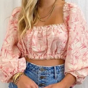 BOGO! Show Me Your Mumu Claudia Crop Linen Blouse Pink Majestic Palm Small